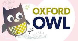 Oxford Owl log, an owl reading a book. 